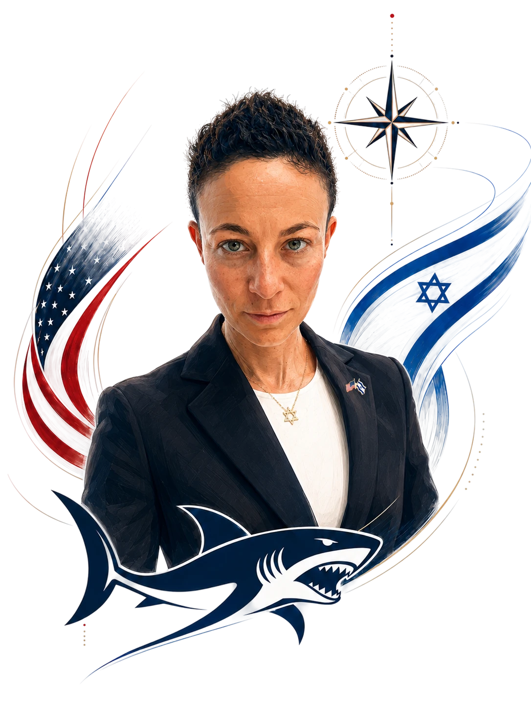 Shayna T. Sehayik, Esq., framed by the American and Israeli flags, a compass rose and a shark