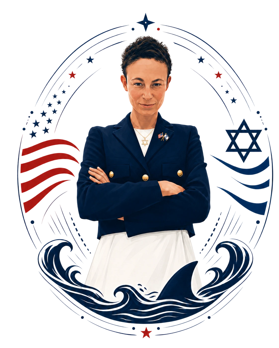 Shayna T. Sehayik, Esq., arms folded, framed by the American and Israeli flags, a Magen David and a shark fin in the waves
